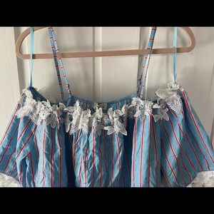 3X blue/red stripes, white lace off shoulder dress